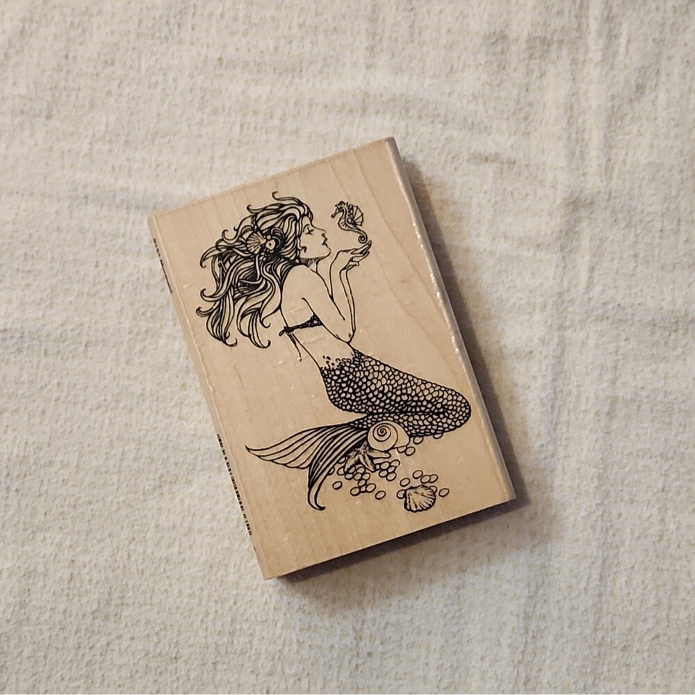 Stampendous Mermaid with Seahorse Wood Mounted Rubber Stamp NEW 19137 Unused
